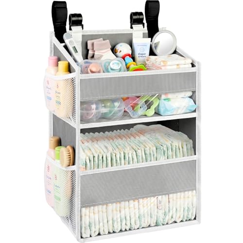 Ofiray-home Hanging Diaper Organizer for Changing Table Cribs Car Playard or Wall & Nursery Organization-Durable 2-Tier Diaper Organizer with Mesh Pockets and Viewable Design Wont Deform Light Gray