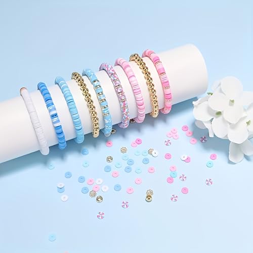 pekifaves Set de Perles Plates et Rondes en Argile Polymère 6 mm pour bracelets, Kit de perles colorées en argile à enfiler, pour la fabrication de bijoux, bracelets d'amitié, Rose, blanc, bleu, doré – vue 4