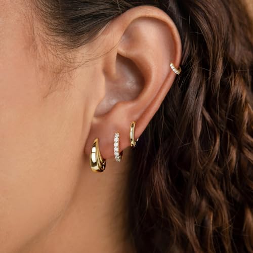 Image of Small Gold Huggie Hoop Earrings Set for Women Men Hypoallergenic 14K Plated Stack Cartilage Earrings, Sterling Silver Multiple Piercing Lightweight Mini Thin Cute Dainty Trendy Jewelry Gifts for Women