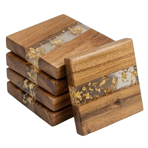 Image of Coaster Set of 4 for Dining Table - Premium Wooden Coasters with Golden Foil Resin Design - Tea, Coffee & Glass Drink Coasters - Luxury Table Coasters for Office Desk, Kitchen & Home Decor