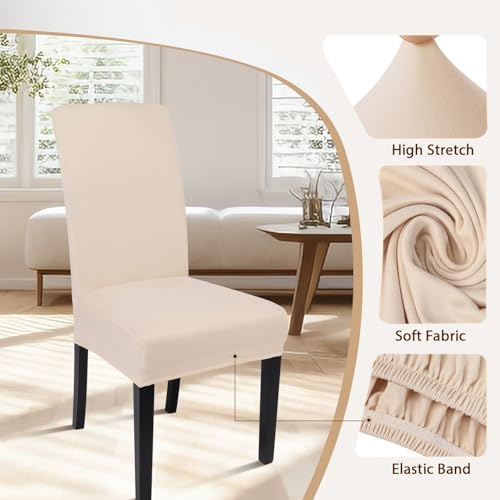 Image of SearchI Dining Room Chair Covers Set of 6, Stretch Parsons Chair Slipcovers Super Fit Spandex Removable Washable Kitchen Chair Protector Cover for Dining Room, Hotel, Ceremony (Beige-Yellow)