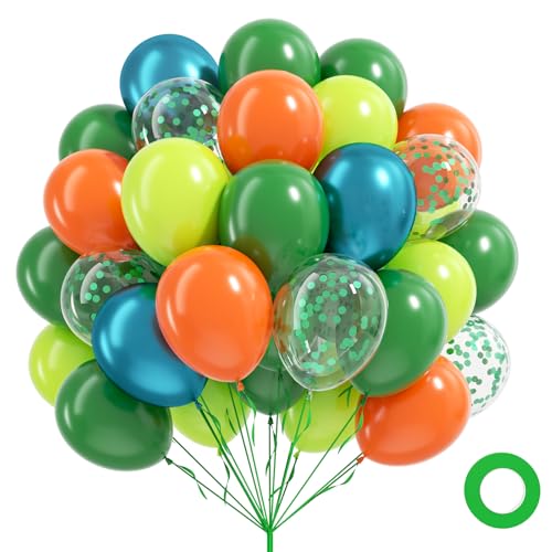 60pcs Dinosaur Balloons 12inch Dark Lime Green Orange Metallic Blue Confetti Balloons for Dinosaur Baby Shower Birthday Party Decorations