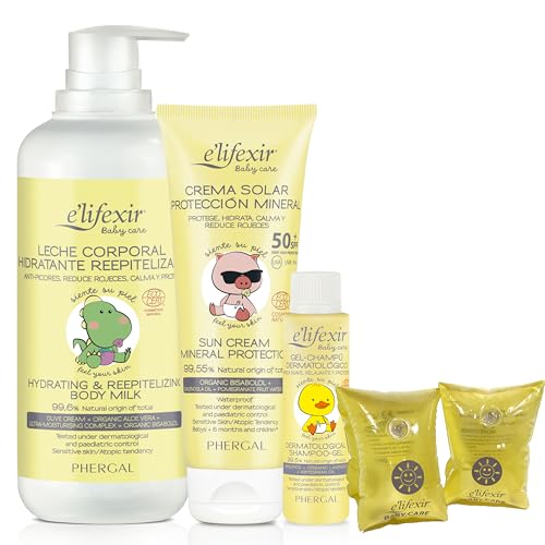 Baby Care De Elifexir Pack Especial Verano Protector Solar Spf 50 100 Ml Crema Hidratante 400 Ml Minitalla Gel-Champú 50 Ml Manguitos Protección Completa Del Bebé