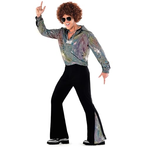 Morph 70er 80er Jahre Outfit Herren Disco, Schlaghose Herren, Disco Outfit, Glitzer Hemd, Halloween Kostüm Männer, Karneval Kostüm Männer, Fasching, L