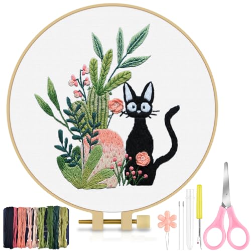 TINDTOP Embroidery Kit for Beginners Adult, Cat Embroidery Kit for Beginners Include Embroidery Cloth Hoops Threads for Craft Lover Hand Stitch with Embroidery Skill Techniques