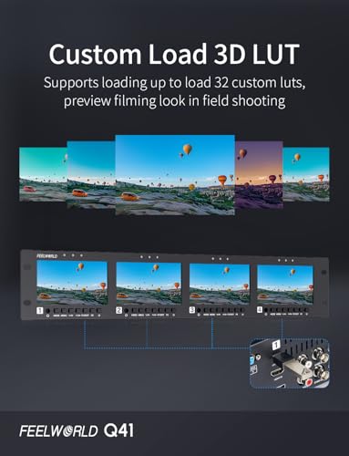 Image of FEELWORLD Q41 2RU Quad 4.5 Inch Rack Mount Monitor | HDMI 3G-SDI CVBS Broadcast Display, 3D LUT, Waveform Tally for Live Streaming Studio Video Productio