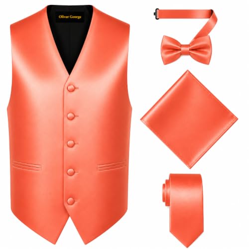 Image of Oliver George 4pc Men's Solid Formal Suit Waistcoat Tuxedo Dress Vest Necktie Bowtie Handkerchief Set for Suit or Tuxedo