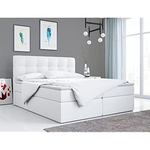 MKS MEBLE Boxspringbett 180x200 - Weiß Doppelbett - Polsterbett mit Multipocket-Matratze und Topper - Kunstlederbett mit Bettkasten - H3 - Stauraumbett Top 1 Cover
