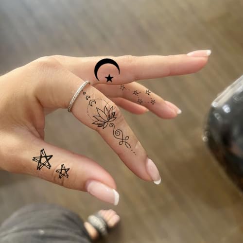 Image of Bilizar 20 Sheets Chic Crescent Moon Temporary Tattoos For Women Adults Finger Hand Neck Ear Tattoo Sticker, Realistic Black Floral Crescent Pendant Fake Jewelry Tattoos Long Lasting Waterproof Tatoos
