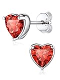 Women Earrings Hypoallergenic 925 Sterling Silver Love Heart Earrings Studs Red Cubic Zirconia Ruby Gemstone July Birthstone Stud Earrings for Sensitive Ears