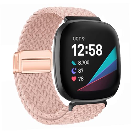 XMUXI Nylon Watch Band Compatible with Fitbit Versa 4/Versa 3 Straps/Sense 2 /Fitbit Sense Strap for Women Men Stretchy Magnet Braided Replacement Wristbands for Fitbit Watch Pink