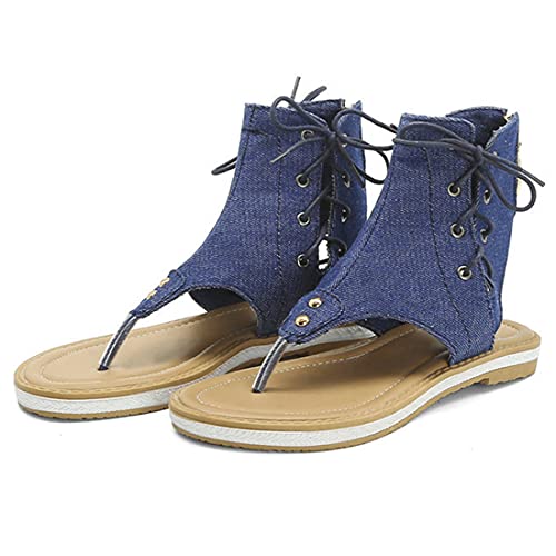 VOKLIN Women's Casual Denim Flat Sandals Booties Lace Up Zipper Comfort Summer Beach Thong Flip Flops Shoes