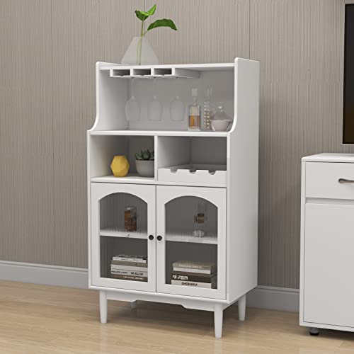 Loscear Liquor Bar Cabinet with Lower Glass Door and Removable Wine and Glass Rack, Liquor Cabinet Bar for Home with Solid Wood Legs
