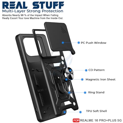 Image of AESTMO Tough Armor Realme 16 Pro Plus 5G Bumper Back Case Cover | Ring Holder & Sliding Camera Shield Cover | 360 Degree Protection Back Case Cover for Realme 16 Pro Plus 5G (Black)