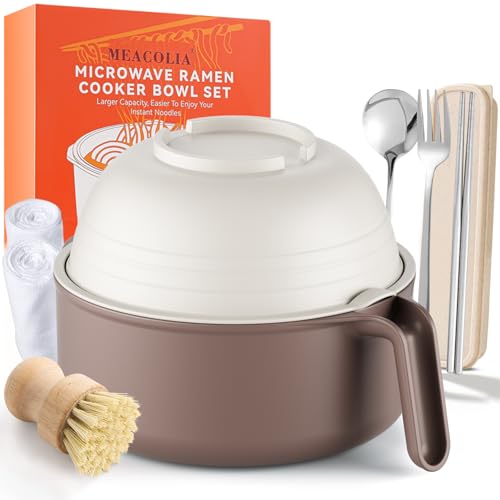 Image of MEACOLIA Large Ramen Bowl Set, Microwave Noodle Pasta Cooker with Lid and Strainer, Stainless Steel Travel Utensils, College Dorm Room Essentials for Girls Guys (Beige)