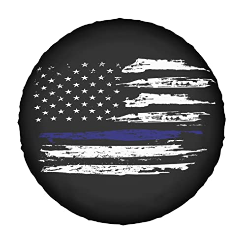 Image of American Flag Thin Blue Line Spare Tire Cover Dust-Proof Wheel Tire Cover Fit Trailer, RV, SUV and Many Vehicle 15 Inch