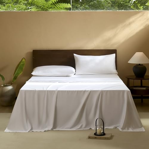 Image of EVERLY Queen Sheets Set,Luxuriously 400 Thread Count Organic Viscose Derived from Bamboo Bed Sheet,Cooling Sheets for Queen Size 4 Piece Deep Pockets Bedding Sheets &Pillowcases-White