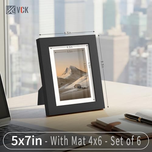 Image of VCK 5x7 Picture Frame Set of 6, Black Wood, 4x6 Mat, Glass, for Photo Print
