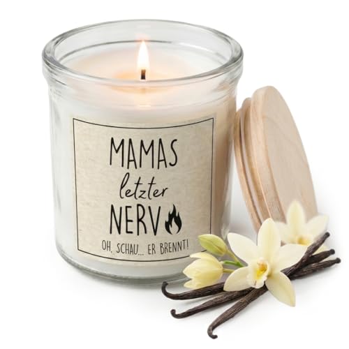Mama Duftkerze im Glas mit Spruch Mamas letzter Nerv Vanilleduft Geschenke für Frauen Muttertagsgeschenk lustige Geschenkidee Kerzen pflanzenbasiertes Wachs & Holzdeckel 8 x 9 cm
