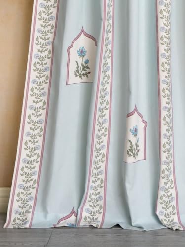 Image of Tranquebar Curtain Co. Window Curtains 5 Feet, 60-65% Room Darkening,Multi Blue Mughal Print, Cotton Curtains for Window, Cotton Curtains 5 Feet Long Set of 2, BackTab Loops,Noor (152 cm) - Set of 2