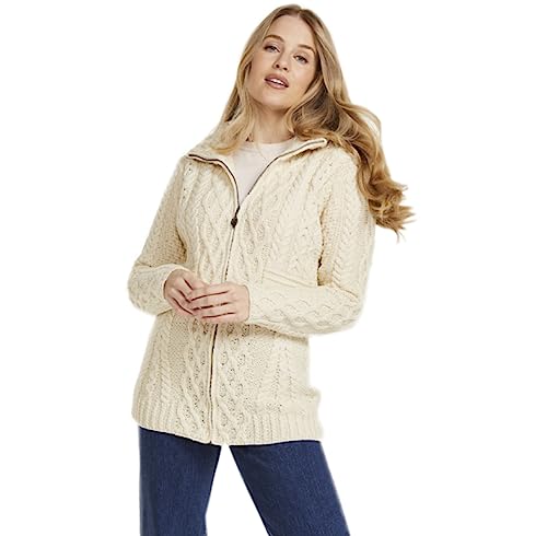 100% Irish Wool Women's Cable Knit Cardigan Sweater, Full Zip, Made in Ireland
