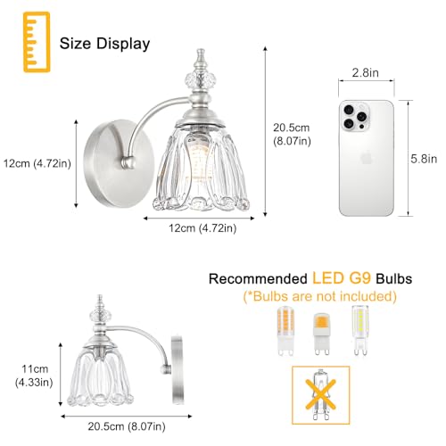 Image of Vintage Wall Sconces Set of Two, Brushed Nickel Bathroom Vanity Light Fixtures, Hardwired Sconces Wall Deco Set of 2, Glass Wall Lights for Bathroom, Bedroom,Hallway (Excludes G9 Bulb)
