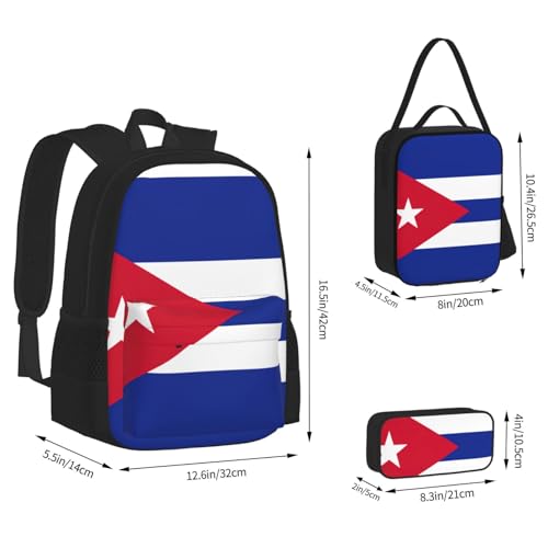Cuban Flag Print 3 Piece Backpack Set, Laptop Daypack, Lightweight Bookbag Set With Lunch Bag Pencil Case3
