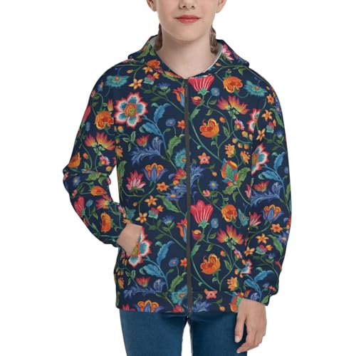 Vintage Embroidery Flowers Kids Pullover Hoodies Boys Zip Up Sweatshirts Girls Athletic Clothes with Pocket3