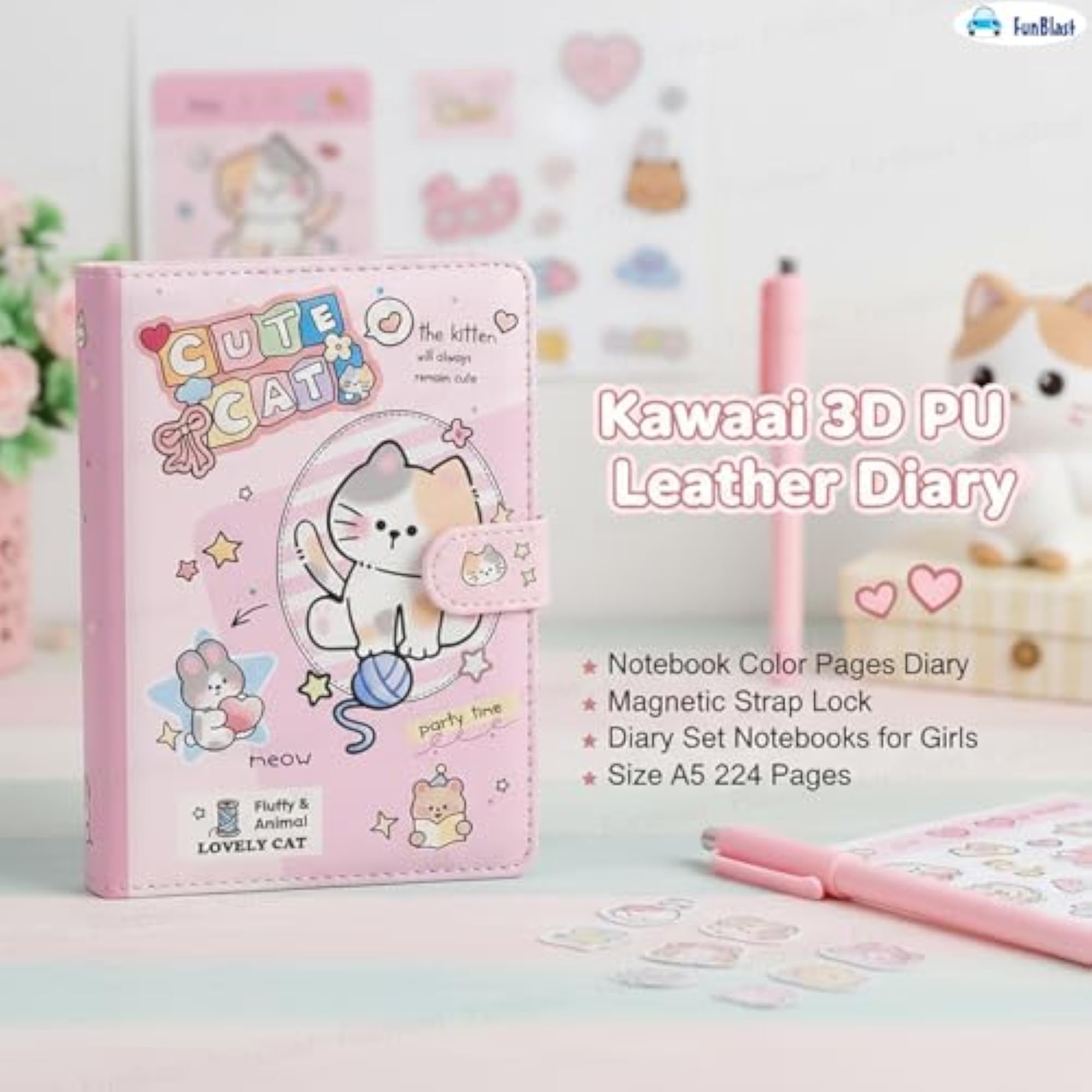 Kawaii 3D PU Leather Diary with Magnetic Strap Lock