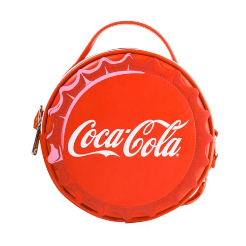 The Coca-Cola Company Bolsa transversal redonda de couro vegano com alças ajustáveis, aplique de tampa de garrafa Coca-Cola vermelha