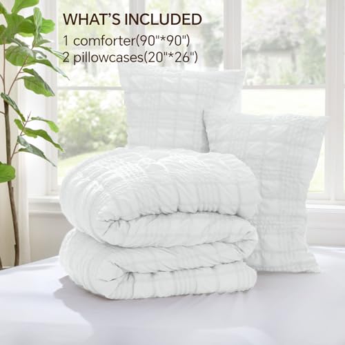 Image of BEDELITE Queen Comforter Set, Seersucker Bedding Set 3 Pieces, Bright White | All Season Use, Machine Washable, Soft and Lightweight, Ruched Comforter for Bedroom, Wrinkle-Resistant, Cozy and Stylish