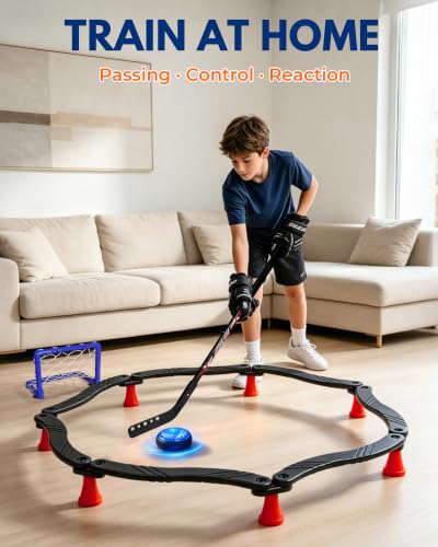 Image of Hockey Stick Handling Trainer - Adjustable Hockey Training Equipment Set with Hover Soccer Ball, Mini Goal & Sticks - Improve Skills & Coordination for Kids & Teens