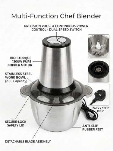 Image of GABANICREATION Multi Function Chef Blender 1200W Pure Copper Motor Stainless Steel Work Bowl 2.0L Capacity Dual Speed Switch Meat Grinder Electric Vegetable Chopper Food Processor Model (Pack of 1)