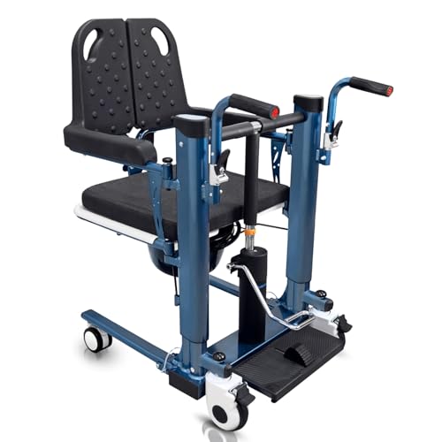 Image of KosmoCare Aluminum Patient Lift & Transfer Wheelchair |Hydraulic Foot Pedal |Split Seat 46 cm for Easy Transfers |Height Adjustable 98-114 cm |100kg Load Capacity |Water-Resistant|Shower-Friendly|Blue
