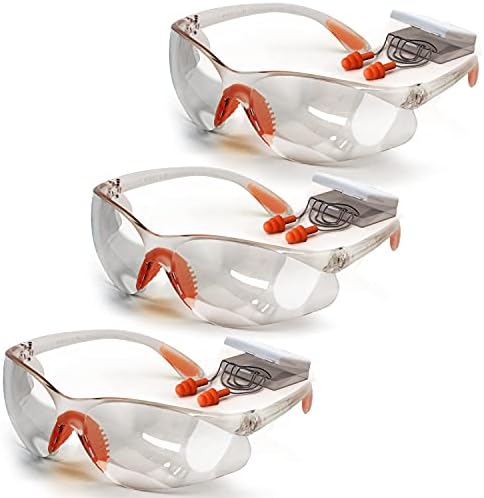 Safety Glasses UV 400 Protection for Eye Protection & Corded Earplugs Kit-Lightweight, Thick, Anti Fog, Scratch Resistant, Clear, Wraparound Eyewear for Indoor/Outdoor Work (Set of 3)