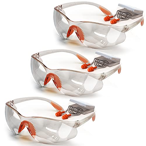 Safety Glasses Uv 400 Protection For Eye Protection & Corded Earplugs Kit-Lightweight, Thick, Anti Fog, Scratch Resistant, Clear, Wraparound Eyewear For Indoor/Outdoor Work (Set Of 3) #TOP2
