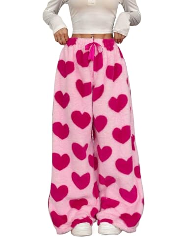 Womens Pajama Pants Leopard Pants Women Fuzzy Pajama Pant Y2k Cheetah Pants Grunge High Waisted Cute Pj Pant (Heart Large)
