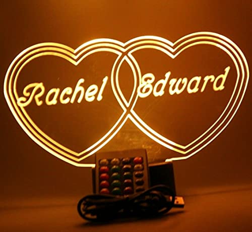 Double Heart Light Up Lamp Led With Remote Personalized Couples Double Hearts Love Table Lamp, Our Newest Feature - It's Wow, With Remote, 16 Color Options, Dimmer, Free Engraved, Great Gift #TOP4