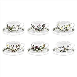 Portmeirion Botanic Garden 10oz Teacup and Saucer – Set of 6 | Assorted Floral Motifs | Fine Earthenware | Chip Resistant Glaze | Dishwasher, Microwave, Freezer, Oven Safe | Made in England