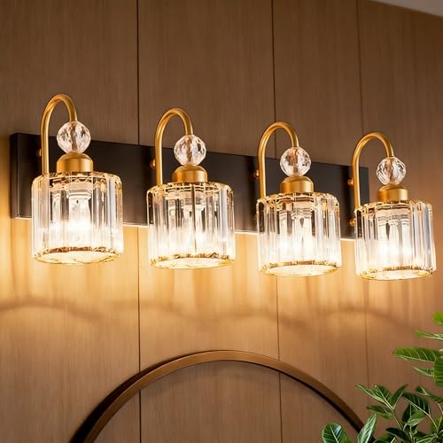 Image of Bathroom Vanity Light Fixtures Over Mirror - Makeup Lighting Black Gold - for Modern Wall, Bath, Desk, Farmhouse, Hallway - 4 Crystal Lights