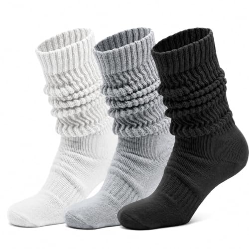 AMELLE Womens Slouch Socks 3 Pairs Assorted Extra Wide Breathable Cushioned Socks with Arch Support Soft Knee High Scrunch Stacked Loose Fit Socks for Walking Casual Everyday Wear (Black/White/Grey)