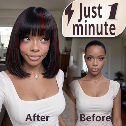 Image of Farblick Burgundy Bob Wig Human Hair With Bangs Wear and Go Glueless Wig Human Hair 12inch Straight Wig 180% Density Black with Red Wig With Bangs for Women