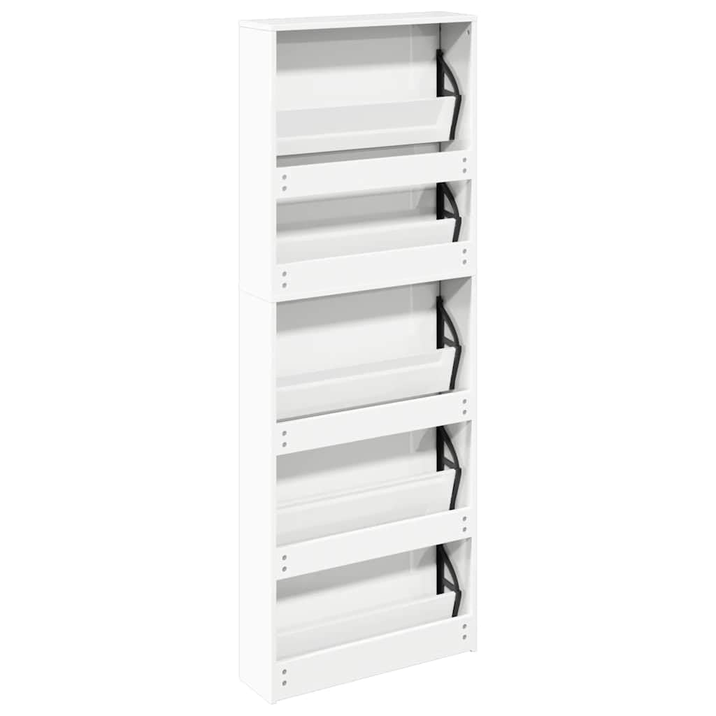Zapatero con espejo con 5 compartimentos plegables, color blanco brillante para 15-20 pares de zapatos, volquete estrecho de madera para pasillo y entrada, 63 x 17 x 169,5 cm