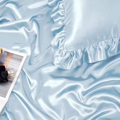 Image of Homiest Baby Blue Full Ruffle Pillowcase & Satin Fitted Sheet Set 3Pcs | Silky Satin Protects Hair And Skin, 15-Inch Deep Pocket, Pearlescent Airy Serene Feel, Easy Machine Wash Care