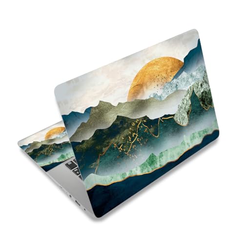 Laptop Skin Sticker Decal Cover, 11.6”12" 13" 13.3" 14" 15" 15.4" 15.6" Laptop Netbook Skin Sticker Cover Art Notebook Protector (2 Wrist Pad Included), Removable Reusable, Green Mountain & Sun
