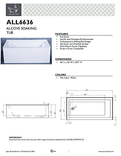 Carver Tubs - All6636 - Modern Alcove Soaking Bathtub - 66” L X 36” W X 20.5” H - White Acrylic Rectangle Tub W/Left Chrome Drain #TOP4