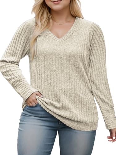 Image of VISLILY Womens-Plus-Size-Dressy-Tops Casual V Neck Long Sleeve Knit Sweater
