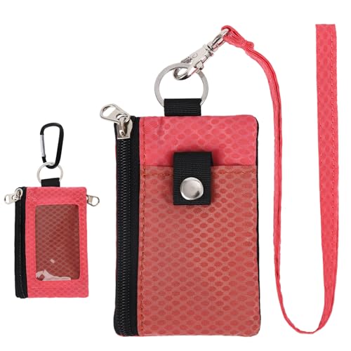 Image of MASAPHlL Small Lanyard Wallet for Women /Men with RFID Blocking ID Badge Holder, Minimalist Nylon Zipper Pouch, Travel Neck Wallet with Keychain, ID Window for Card,Coin,Cash (Deep red+Rose)