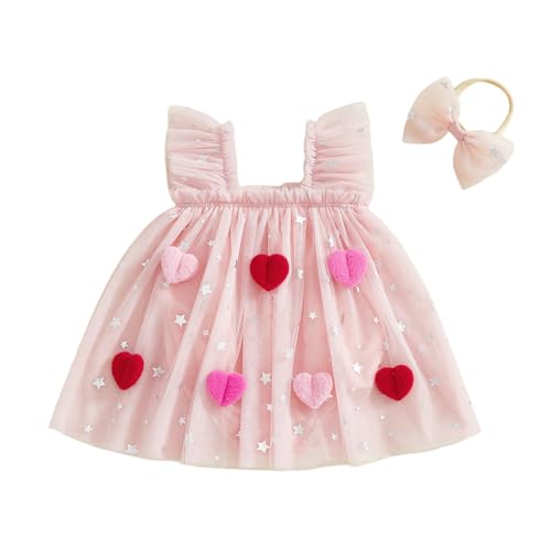 Newborn Baby Girl Valentine's Day Outfit Heart Infant Sleeveless Romper Dress Star Ruffle Tulle Tutu with Headband (Pink, 3-6 Months)