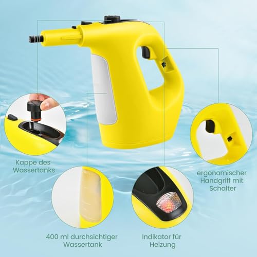 FANTASK 1500W Dampfreiniger bis zu 125℃ in Gelb, mit 400ML Tank, Aufheizzeit: 1 min, Dampfreiniger Handgerät mit 14 Zubehörteilen & 5m Netzkabel